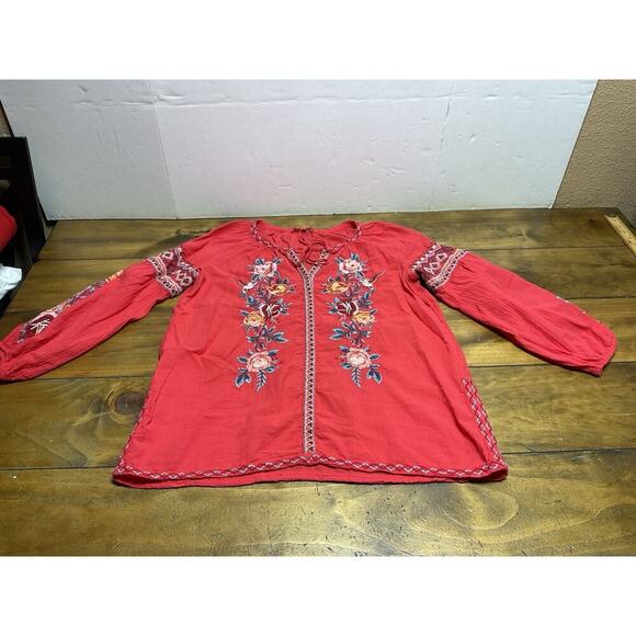 Johnny Was Workshop Medium Red Floral Embroidered V Neck Tunic Top Blouse - Picture 1 of 10